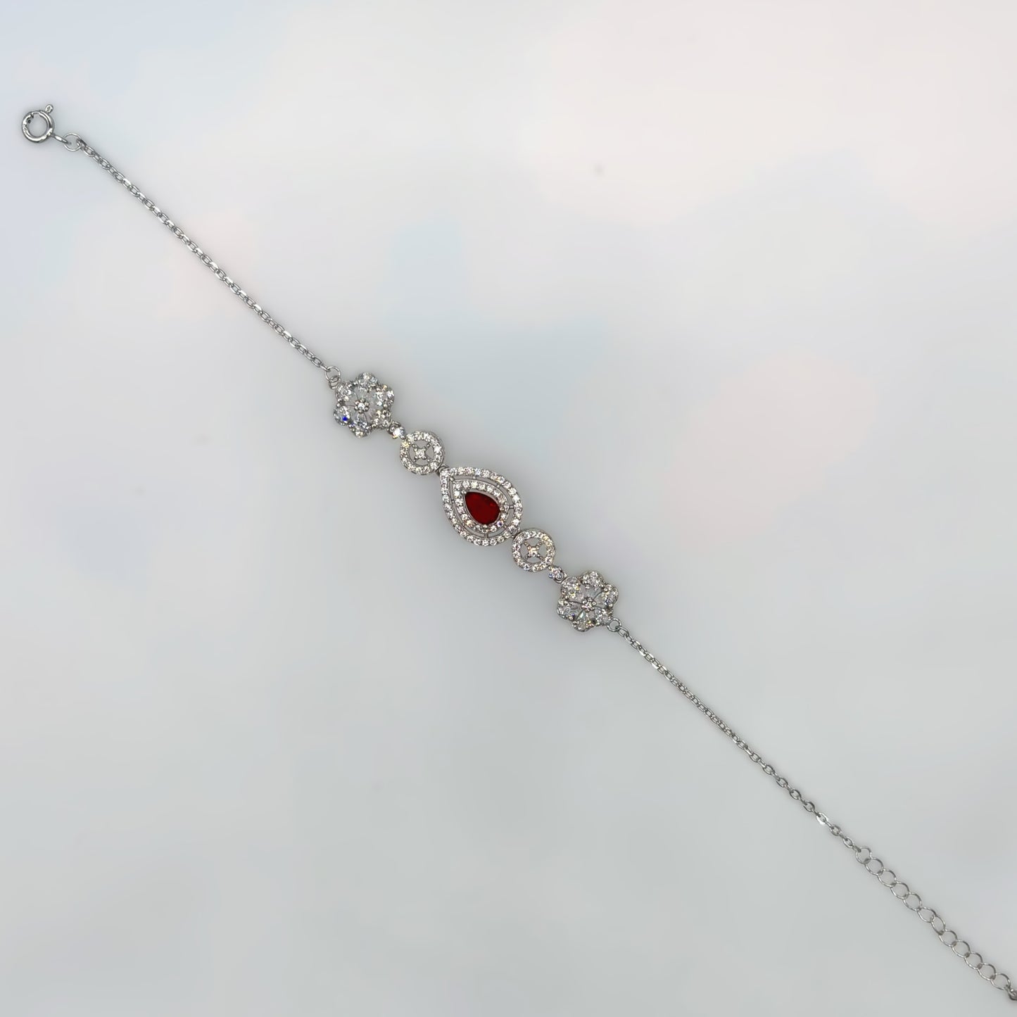 Elegant Ruby Teardrop & Floral CZ Bracelet in Italian 92.5 Silver