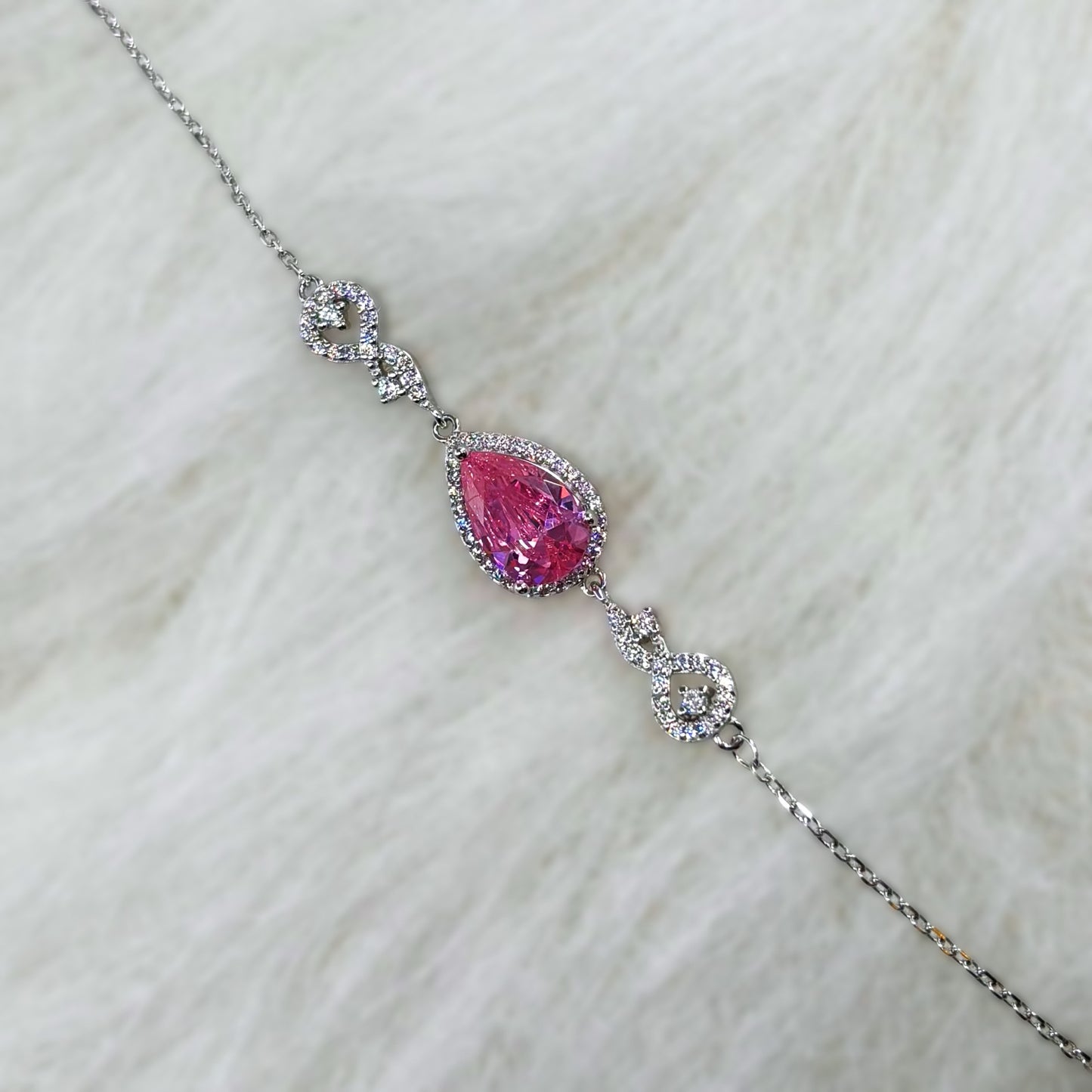 Pink Teardrop Halo CZ Bracelet in Italian 92.5 Silver