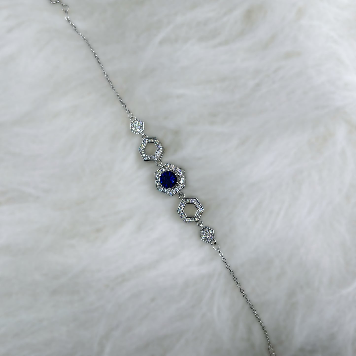 Royal Blue Hexagon Halo Bracelet in Italian 92.5 Silver