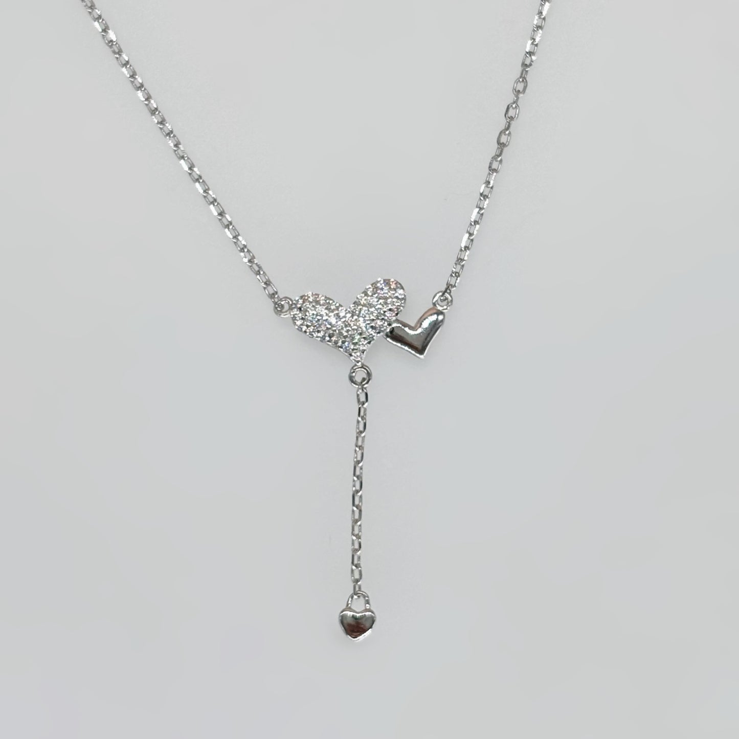 Double Heart Drop Necklace in Italian 92.5 Silver