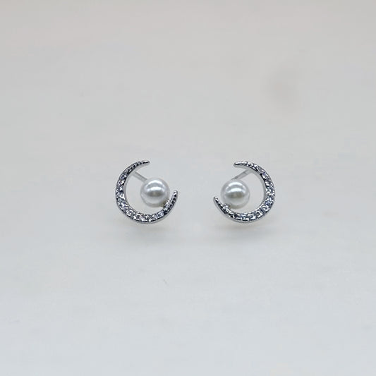 “Celestial Pearl Crescent Earrings in Italian 92.5 Silver”