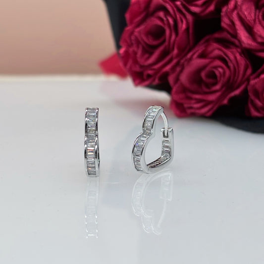 “Radiant Baguette Heart Hoop Earrings in Italian 92.5 Silver”