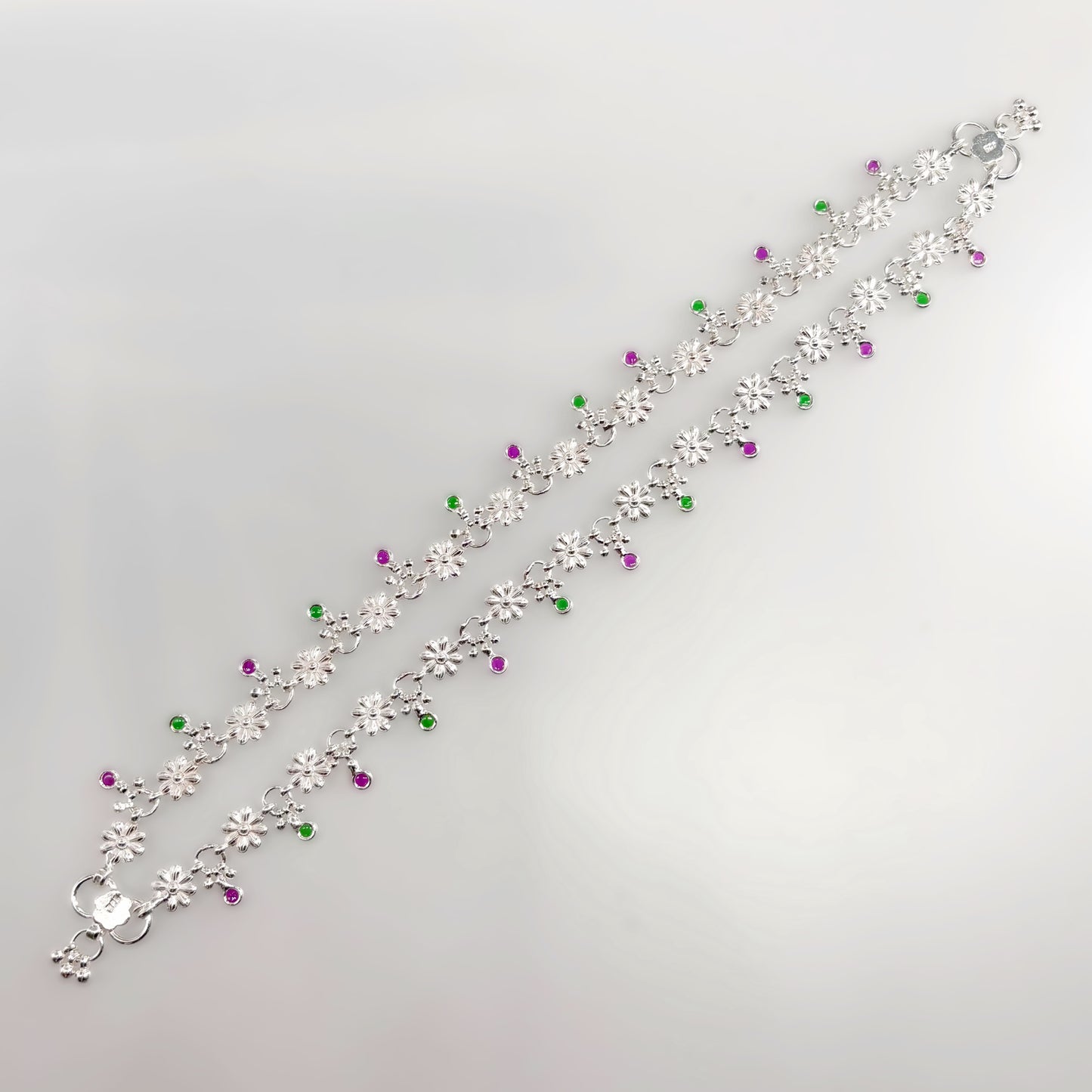 Floral Silver Payal with Green & Pink Stone Accents