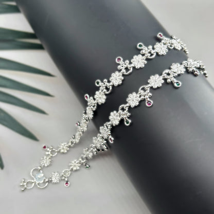 Floral Silver Payal with Green & Pink Stone Accents