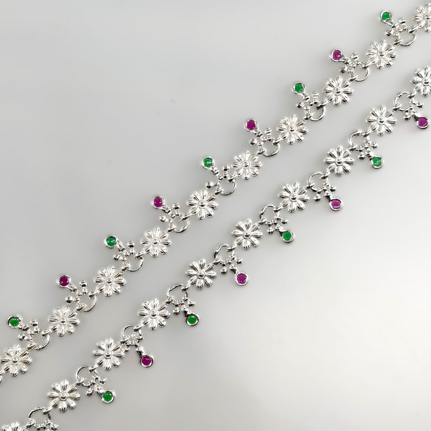 Floral Silver Payal with Green & Pink Stone Accents