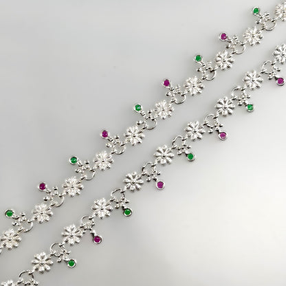 Floral Silver Payal with Green & Pink Stone Accents