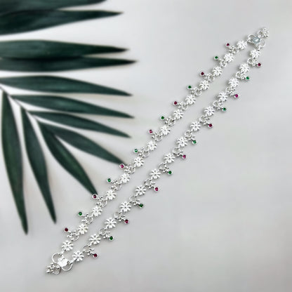 Floral Silver Payal with Green & Pink Stone Accents