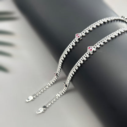 Delicate Silver Payal with Stone Accents