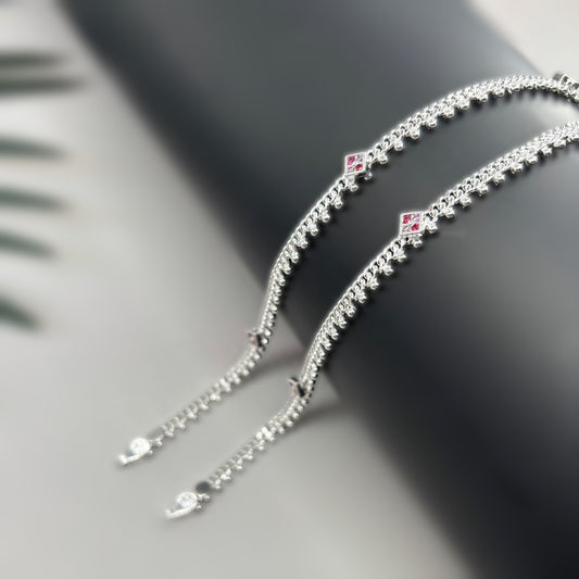 Delicate Silver Payal with Stone Accents