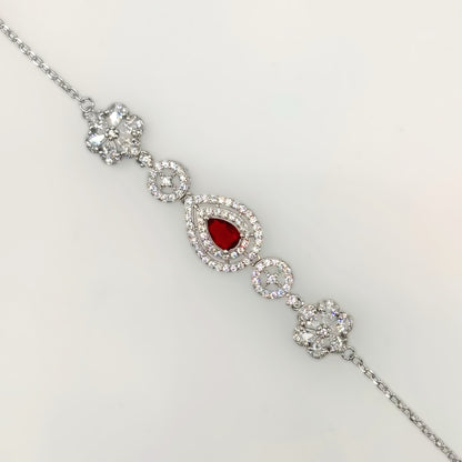 Elegant Ruby Teardrop & Floral CZ Bracelet in Italian 92.5 Silver