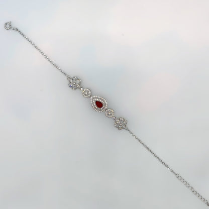 Elegant Ruby Teardrop & Floral CZ Bracelet in Italian 92.5 Silver