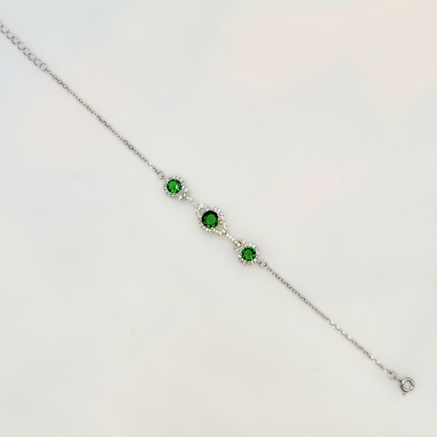Elegant Green Triple CZ Halo Bracelet in Italian 92.5 Silver