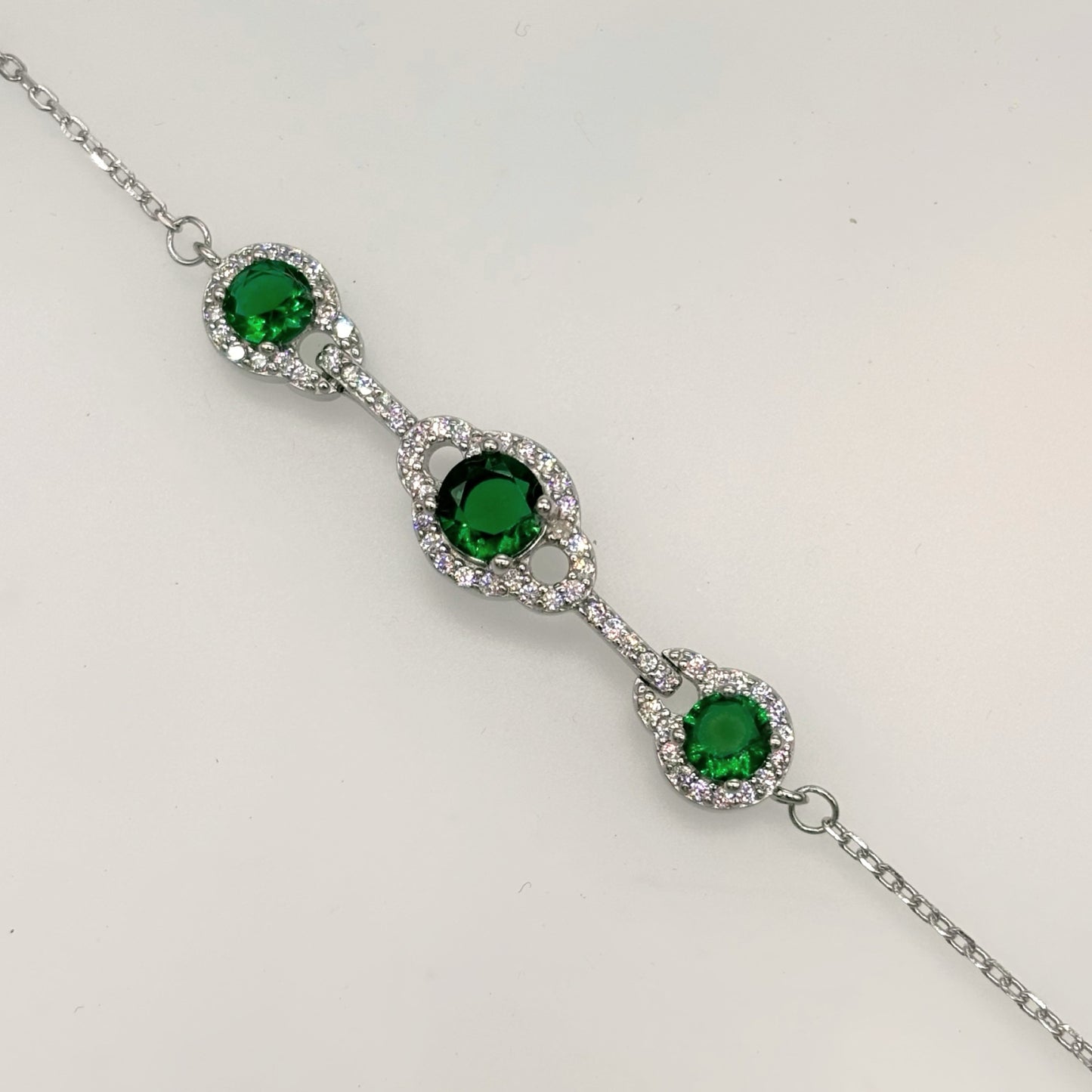 Elegant Green Triple CZ Halo Bracelet in Italian 92.5 Silver