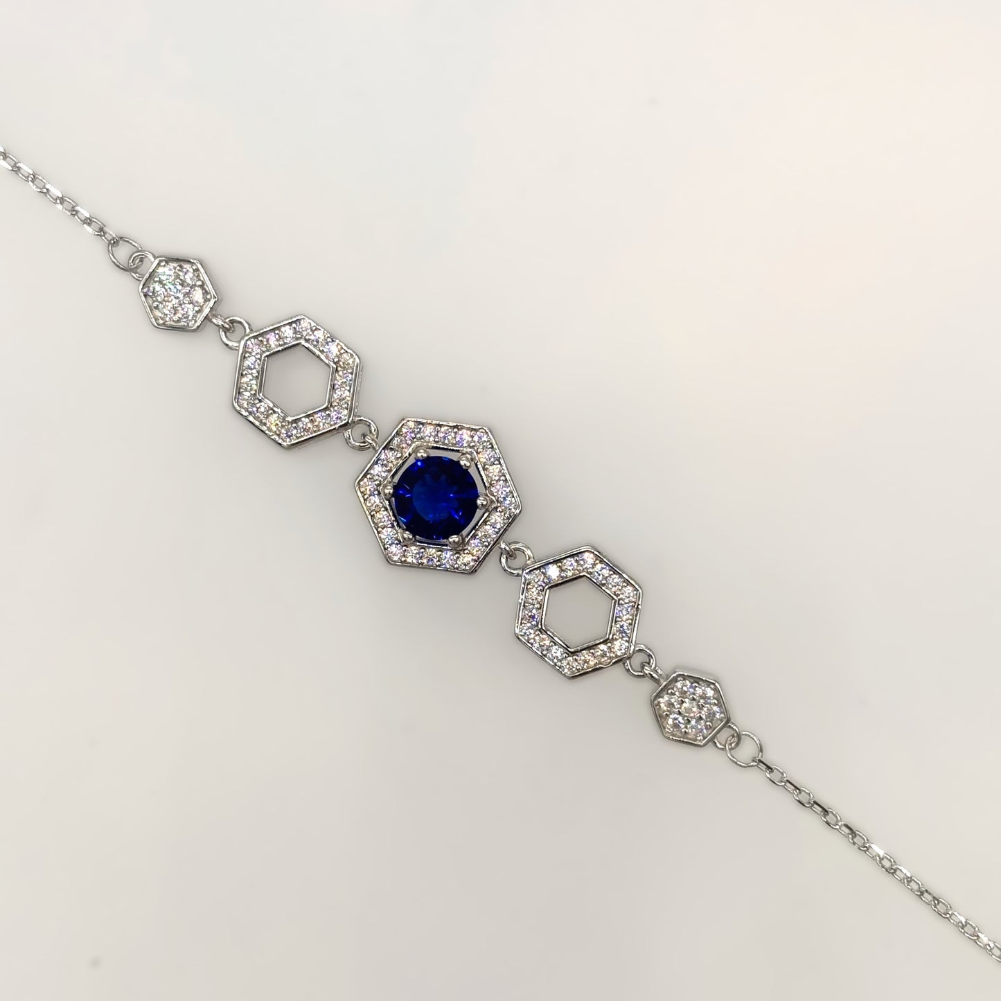 Royal Blue Hexagon Halo Bracelet in Italian 92.5 Silver