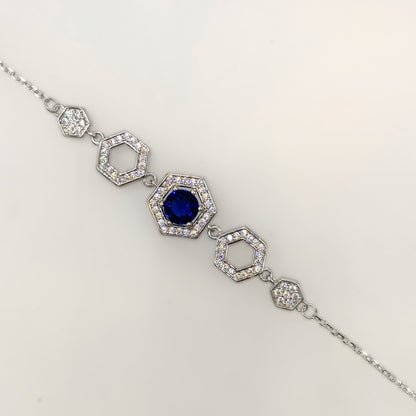 Royal Blue Hexagon Halo Bracelet in Italian 92.5 Silver