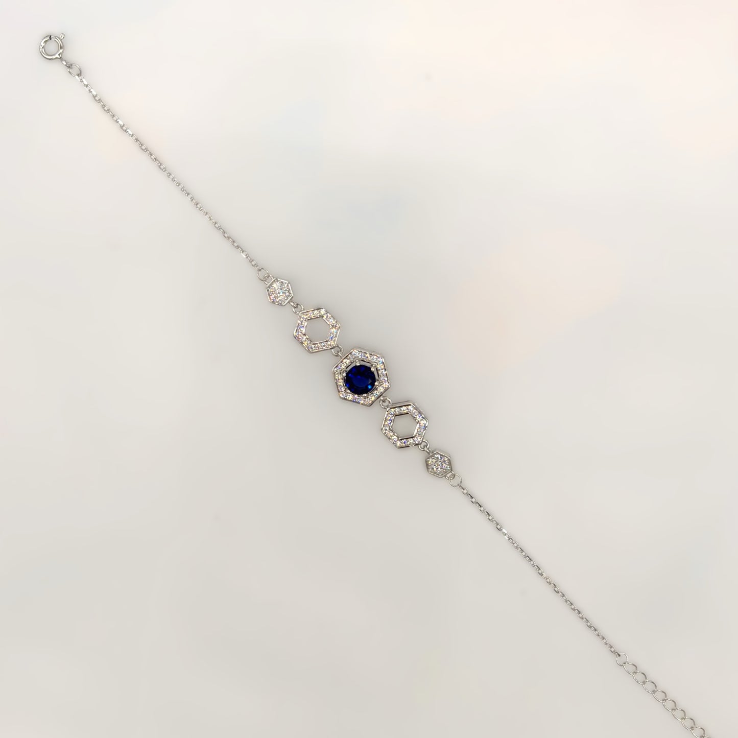 Royal Blue Hexagon Halo Bracelet in Italian 92.5 Silver