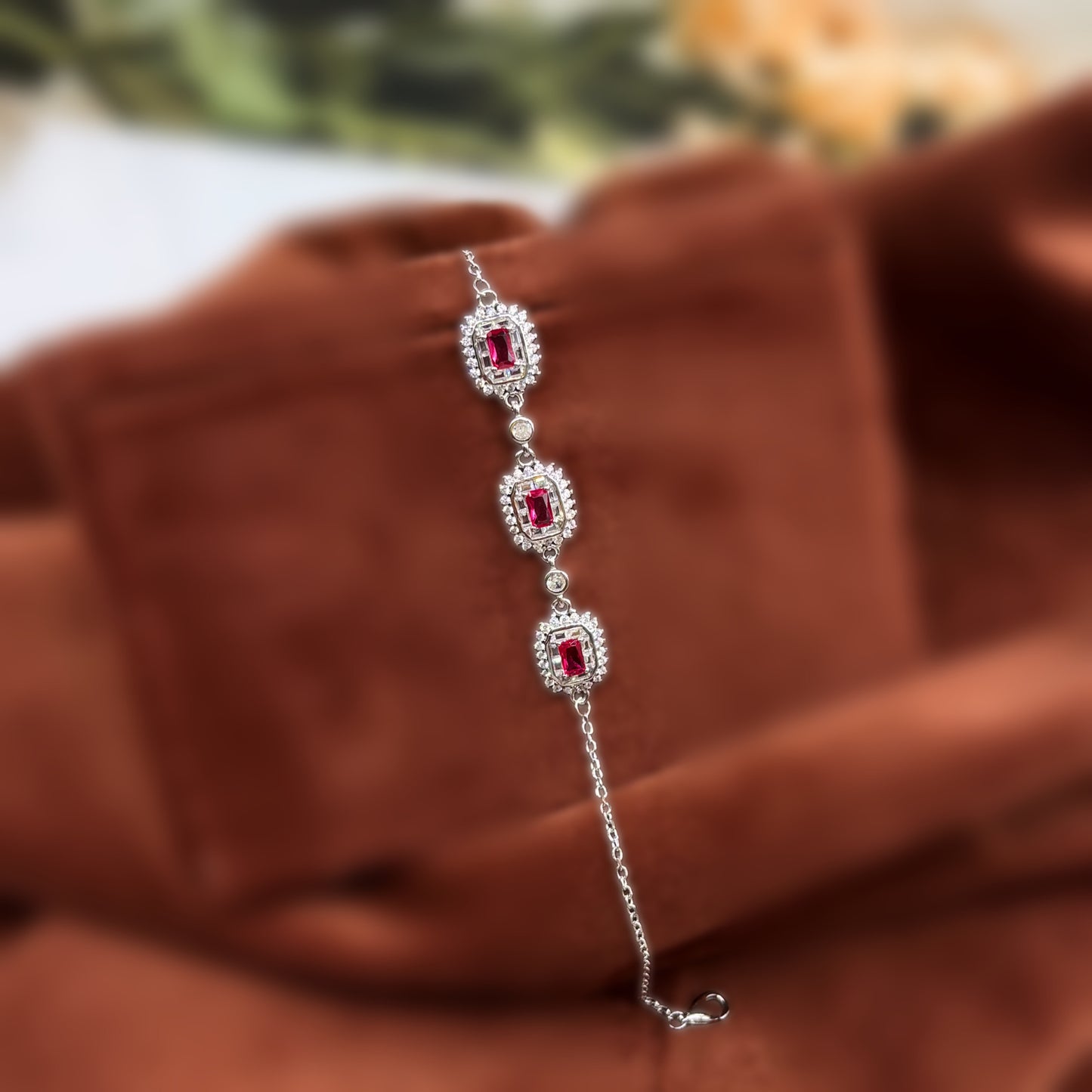 Royal Ruby Empress Triple Halo Bracelet in Italian 92.5 Silver