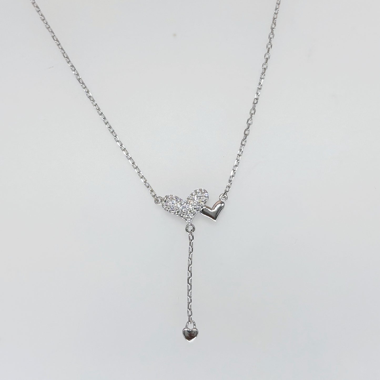 Double Heart Drop Necklace in Italian 92.5 Silver