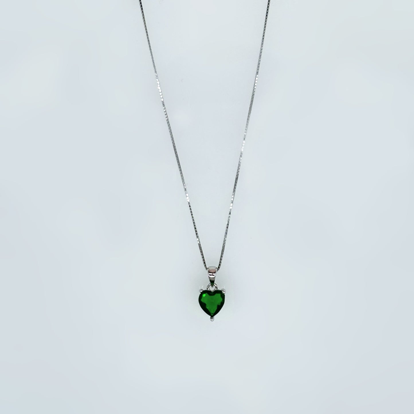 Green Heart Solitaire Necklace in Italian 92.5 Silver