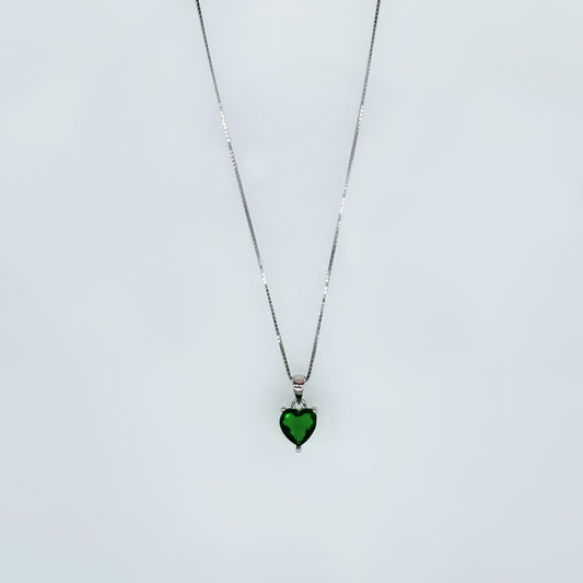 Green Heart Solitaire Necklace in Italian 92.5 Silver