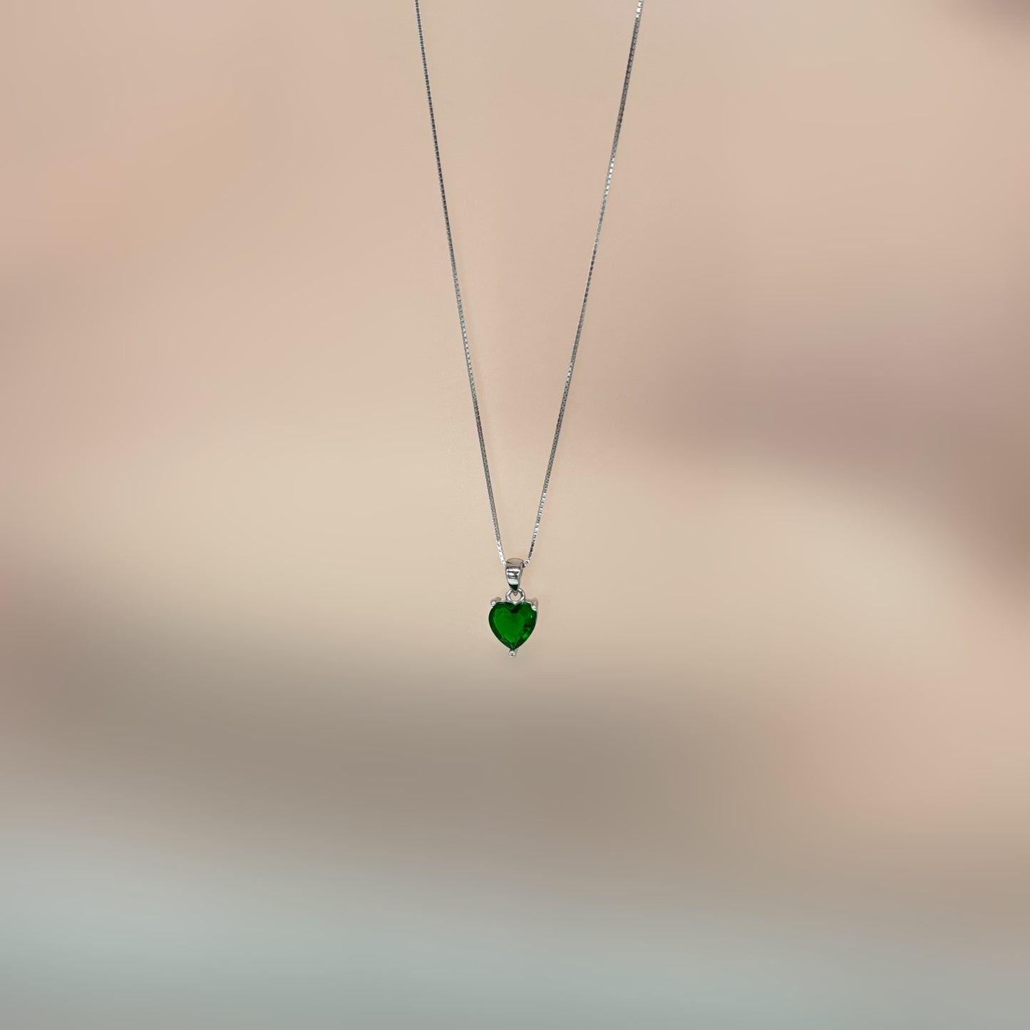 Green Heart Solitaire Necklace in Italian 92.5 Silver