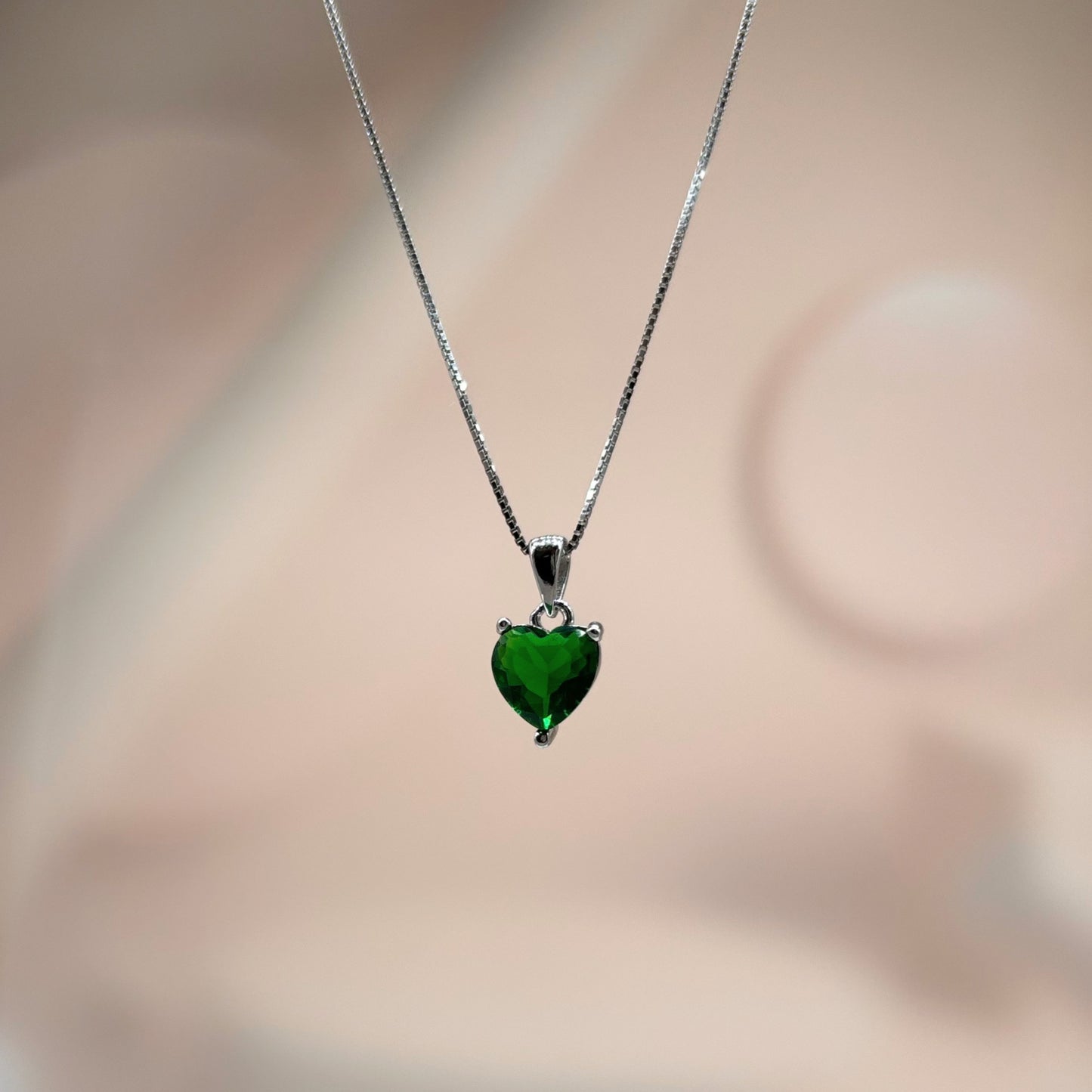 Green Heart Solitaire Necklace in Italian 92.5 Silver