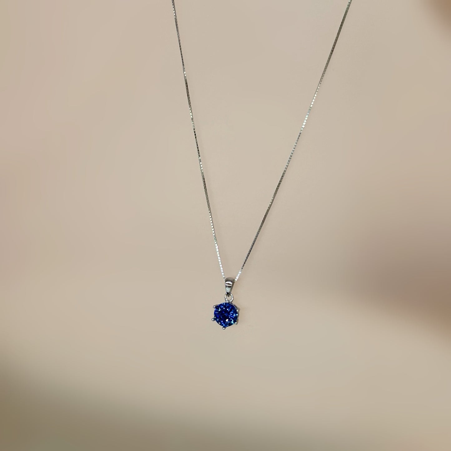 Blue Solitaire Necklace in Italian 92.5 Silver