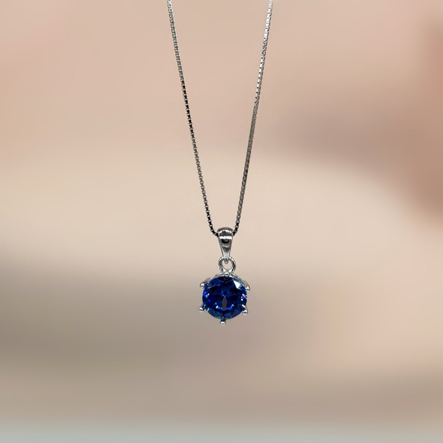 Blue Solitaire Necklace in Italian 92.5 Silver