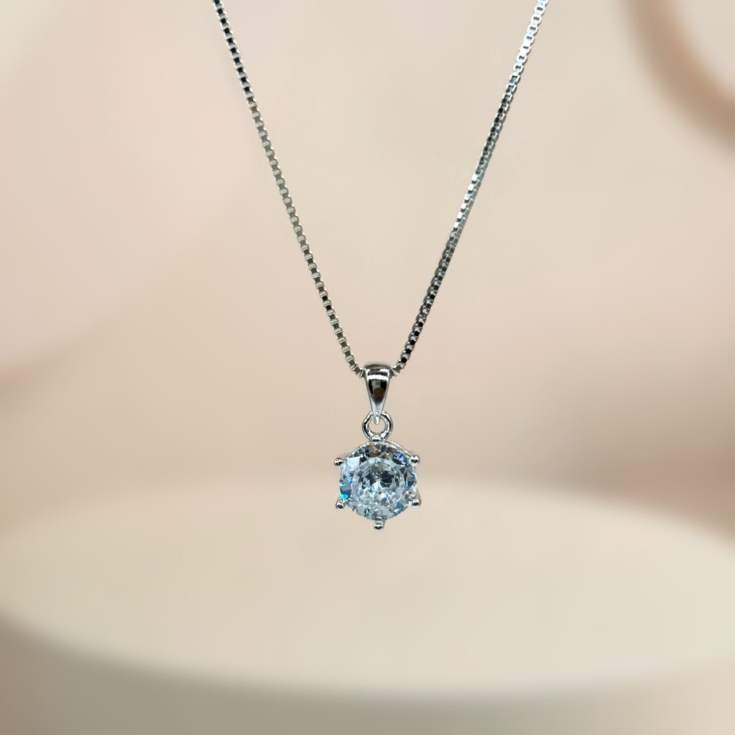 White Solitaire Necklace in Italian 92.5 Silver