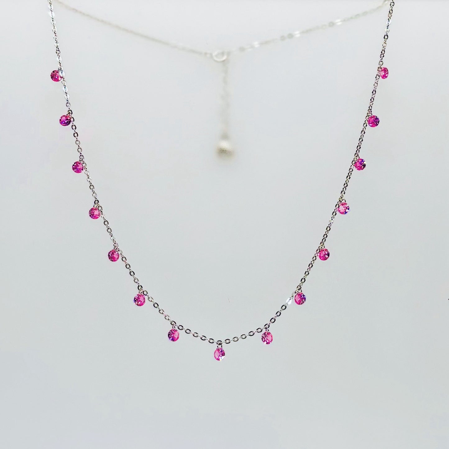 Pink CZ Dangling Charm Necklace in Italian 92.5 Silver