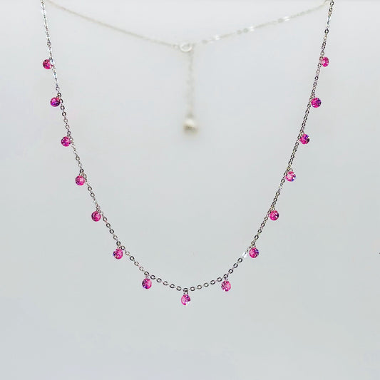 Pink CZ Dangling Charm Necklace in Italian 92.5 Silver