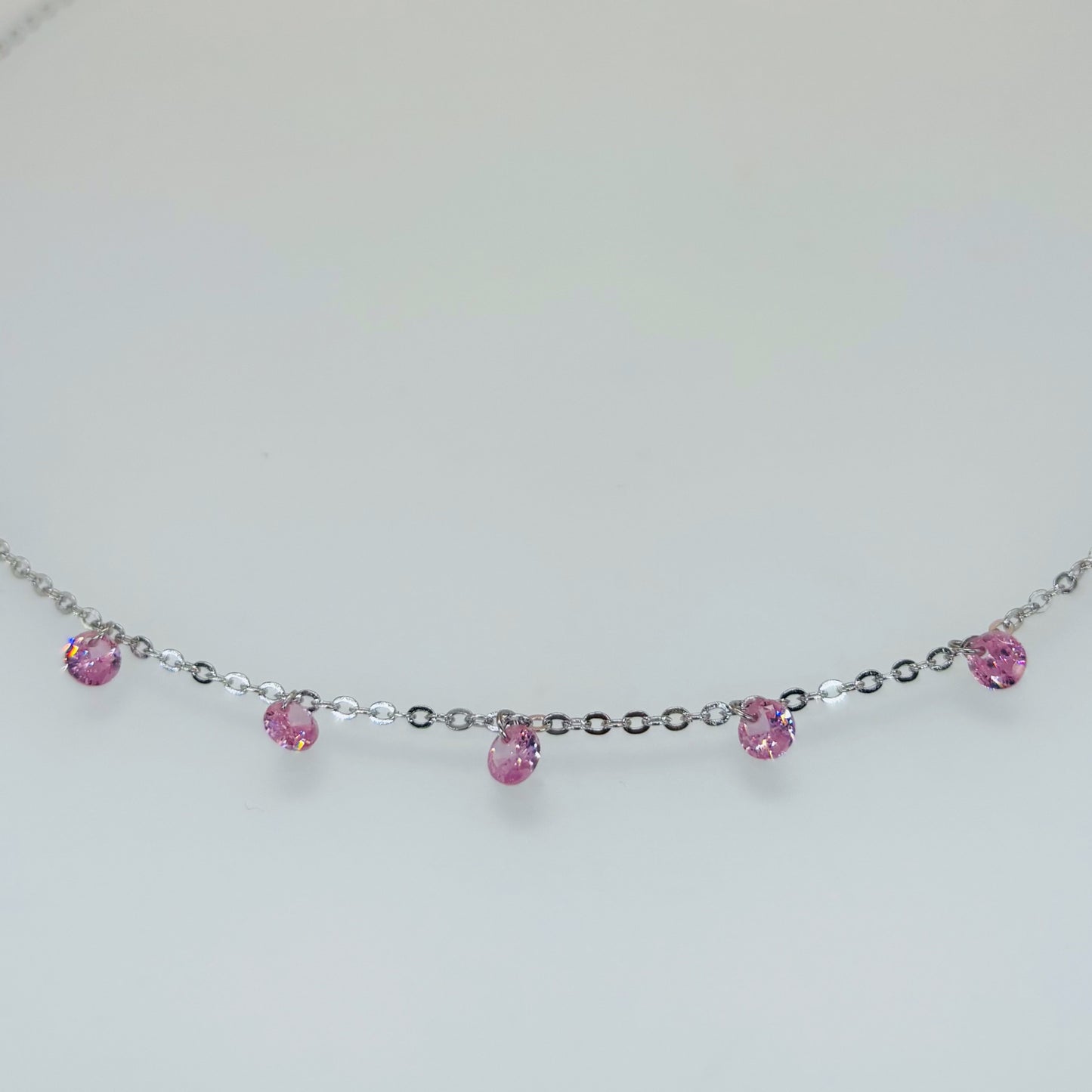 Pink CZ Dangling Charm Necklace in Italian 92.5 Silver
