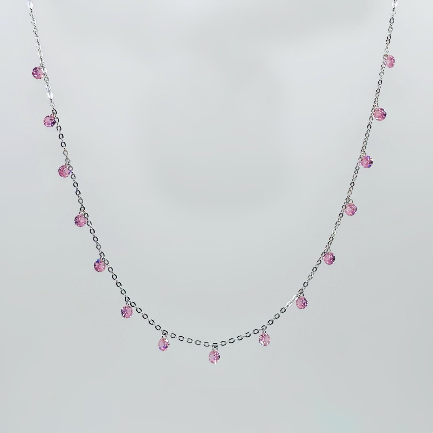 Pink CZ Dangling Charm Necklace in Italian 92.5 Silver