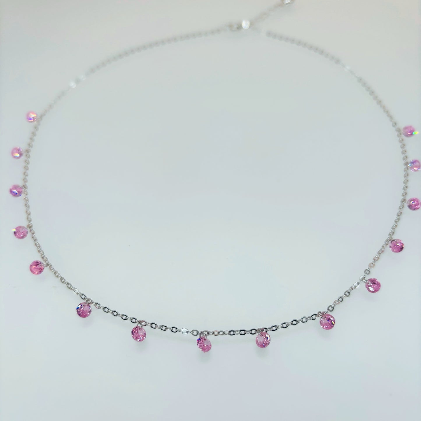 Pink CZ Dangling Charm Necklace in Italian 92.5 Silver