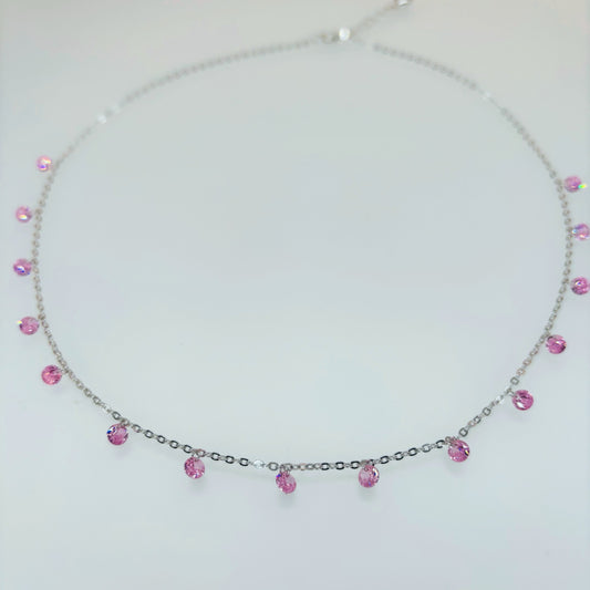 Pink CZ Dangling Charm Necklace in Italian 92.5 Silver