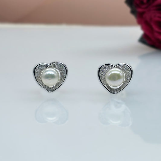 Eternal Pearl Hearts – Italian 92.5 Silver CZ Stud Earrings”